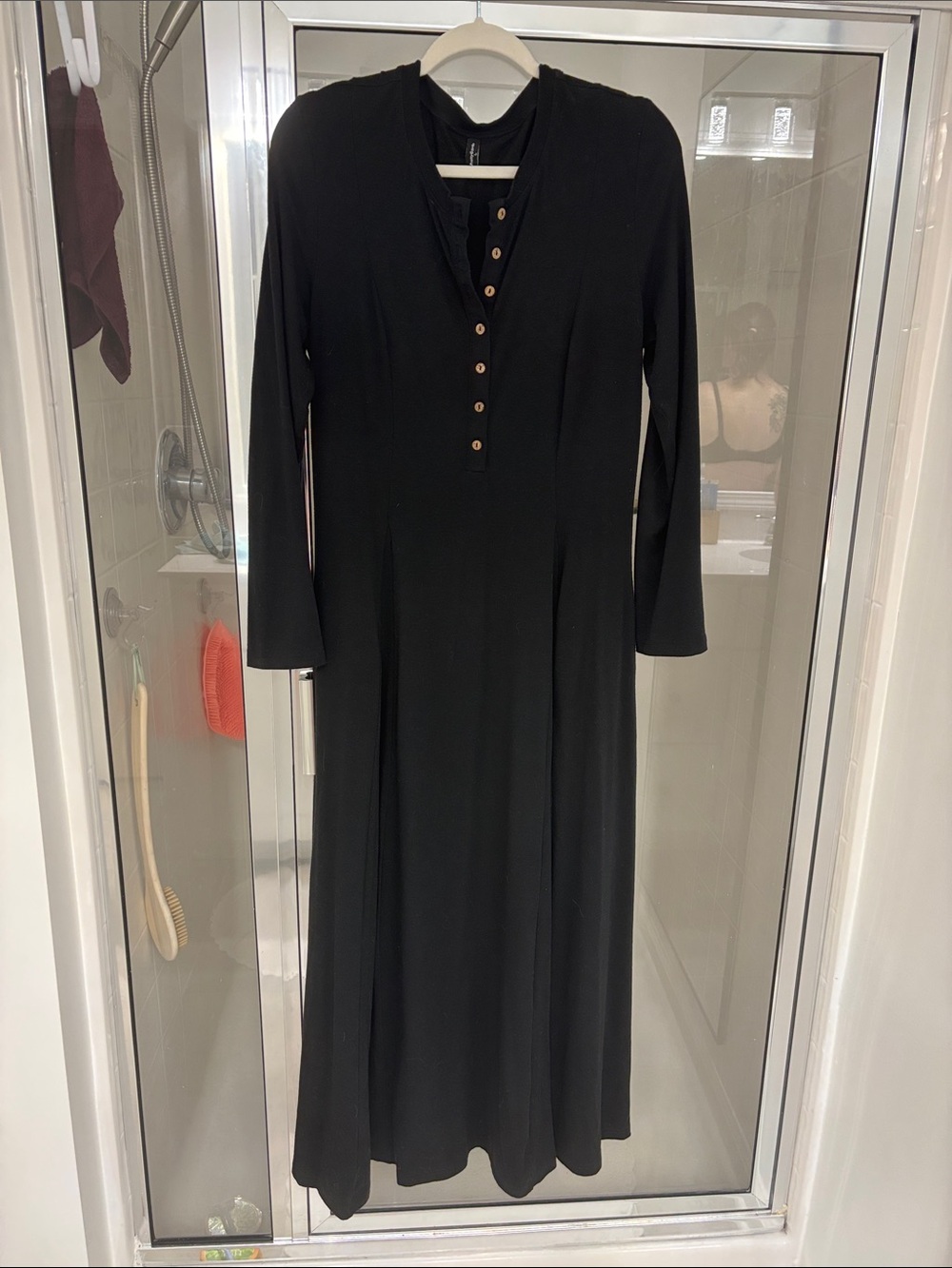 Long Sleeve Black Maxi Dress with Button Front